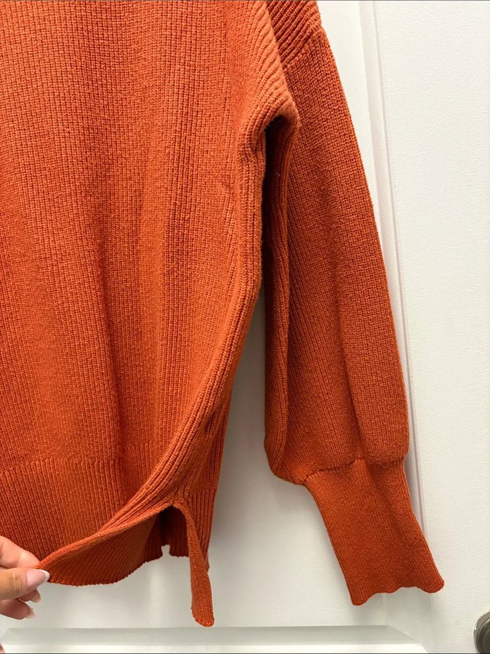 Burnt Orange Textured Knit Sweater Medium Balloon Sleeve Oversized Cozy